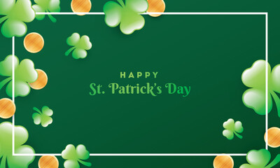 Sticker - Glossy shamrock leaves and gold coins decorated green background for Happy St. Patrick's Day celebration.