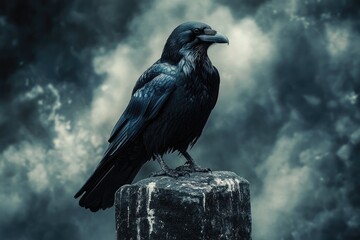 Black raven bird perched on stone with stormy clouds