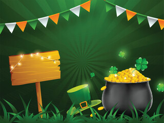 Canvas Print - St. Patrick's Day celebration concept, illustration of traditional coin pot with leprechaun hat on green ray background.