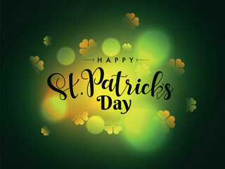 Canvas Print - Stylish lettering of Happy St. Patrick's Day on green bokeh background decorated with clove leaves.