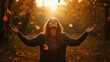 © ANDREI - Woman Praise sunset fall outdoors. Realistic photography, Professional photography