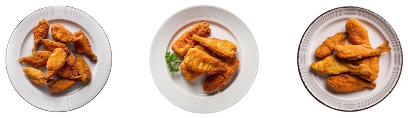 Fish fry on white plate on white background top view