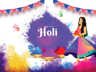 Wall Mural - Holi celebration background, illustration of cute girl celebrating festival of colors. Can be used as poster or banner design.