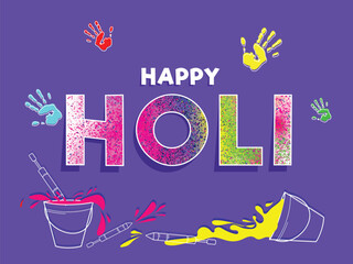 Canvas Print - Creative text holi with line art illustration of festival elements on purple background, can be used as poster or greeting card design.