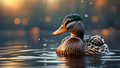 Serene duck gliding through tranquil waters with a softly blurred natural backdrop