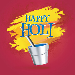 Poster - Realistic bucket with color gun on red background for Happy Holi celebration concept.