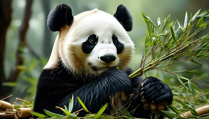 Wall Mural - Playful giant panda bear enjoying bamboo in a whimsical and humorous scene