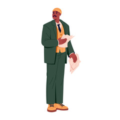Poster - Fashion businessman in beanie with papers in hands. Stylish business man with mustache holds documents. Trendy employee wearing modern suit. Flat isolated vector illustration on white background