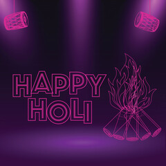 Poster - Creative text Happy Holi with bonfire and hanging dholak illustration on glossy purple background. Can be used as greeting card design.