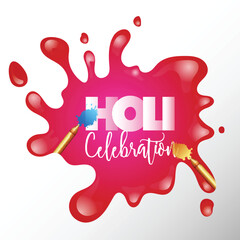 Poster - Holi Celebration greeting card design with golden color guns decorated red color splash background.