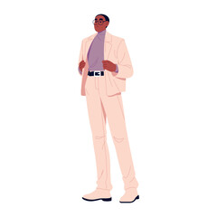 Poster - Rich business man in glasses wearing elegant formal costume. Fashion businessman in luxury suit. Stylish black person in jacket and trousers. Flat isolated vector illustration on white background