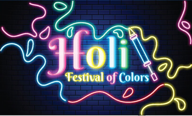 Poster - Neon text Holi, Festival Of Colors with color gun on blue brick wall background.