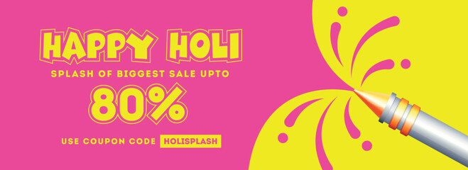 Wall Mural - upto 80% discount offer for happy holi sale header or banner design with color gun on pink and yello