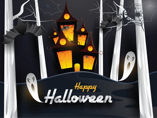 Canvas Print - Scary Halloween design with haunted castle, flying ghost and spooky bats on dark night background.