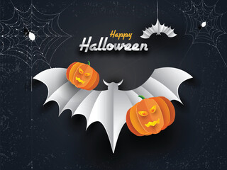 Wall Mural - Happy Halloween greeting card design with paper cut pumpkin and bats on black background.