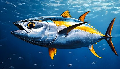 Vibrant yellowfin Tuna gliding through the crystal blue waters of the ocean