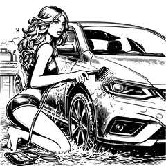 Woman washing car with hose and bucket in black and white illustration. Vector, generative ai