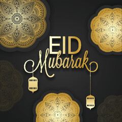 Wall Mural - Mandala design decorated golden stylish text Eid Mubarak with hanging lanterns decorated background.