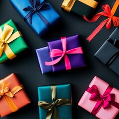 A beautiful business gift holiday picture set a sleek black background.   There are elegantly wrapped gifts with shiny ribbons. There are elements that suggest celebration.  