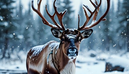 Wall Mural - Majestic reindeer with impressive antlers amidst a serene snowy landscape