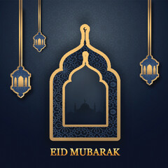 Wall Mural - Mosque in door and hanging lanterns on arabic pattern background.