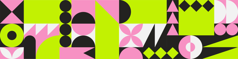 Wall Mural - geometric bright colour pattern print background, bauhaus shapes pattern, bauhaus neo brutalism abst