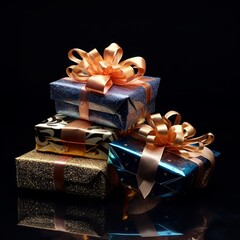 A beautiful business gift holiday picture set a sleek black background.   There are elegantly wrapped gifts with shiny ribbons. There are elements that suggest celebration.  