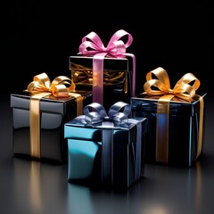 A beautiful business gift holiday picture set a sleek black background.   There are elegantly wrapped gifts with shiny ribbons. There are elements that suggest celebration.  