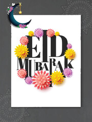 Eid Mubarak greeting card design with paper flower and crescent moon.