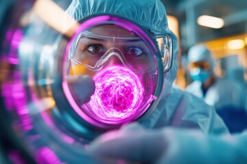 Scientist wearing protective gear, handling futuristic technology with vibrant purple lighting. The image showcases advanced scientific research and modern technological advancements.