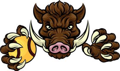 Canvas Print - A wild boar, hog razorback warthog pig mean tough cartoon sports mascot holding a softball ball