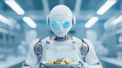 Poster - Robot chef preparing a gourmet meal in a high-tech kitchen, robotic cooking, AI in food preparation