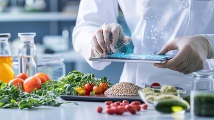 Artificial intelligence analyzing nutritional data on a digital tablet in a food lab, AI in nutrition, data-driven food technology