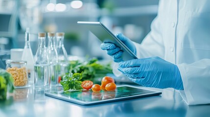 Poster - artificial intelligence analyzing nutritional data on a digital tablet in a food lab, ai in nutritio
