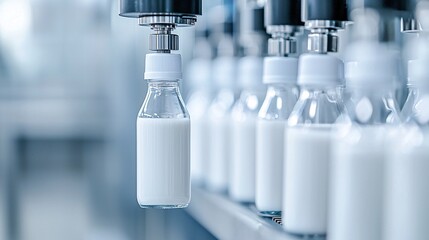 Poster - Machine filling bottles with plant-based milk in a clean, automated facility, automation, dairy alternatives