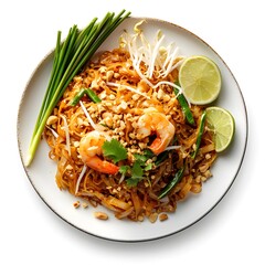 Wall Mural - Delicious shrimp pad thai garnished with lime and fresh herbs on a white plate