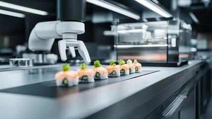 Poster - Automated robot making sushi rolls with precision in a futuristic restaurant, robotic cooking, automated cuisine