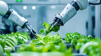 Poster - Automated robotic arms packaging freshly harvested vegetables in a factory, automation, smart farming food distribution