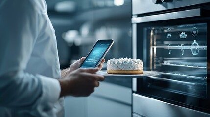 Poster - hands controlling a smart oven with an app, while baking a cake with precision, smart appliances, te