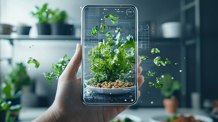 Poster - close-up of an augmented reality app displaying detailed food sourcing information on a meal, ar in 