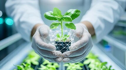 Poster - Hands inspecting lab-grown vegetables in a futuristic, tech-enabled greenhouse, food innovation, sustainable agriculture