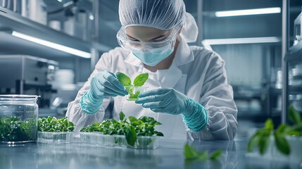 Poster - scientist examining plant-based meat in a laboratory, lab-grown meat, food innovation