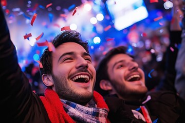 Two joyful young men are caught in a moment of celebration as colorful confetti falls around them. 