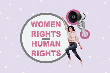 Sticker - Creative photo collage picture young woman rights human activist protest demonstration loudspeaker bullhorn drawing background