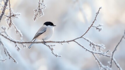 Wall Mural - Bird perched on a frost covered branch in a serene winter landscape.