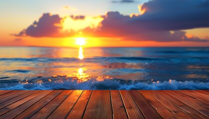 Serene wooden floor overlooking the tranquil sea at sunset