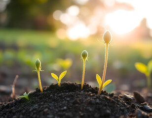 A sprouting plant growing on the ground with a blurred background of sunlight behind it. Suitable for financial news covers, economic growth, exchange rate increases, exchange rate growth, stock growt