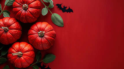 Wall Mural - Halloween red Pumpkins on red background Space for Text 