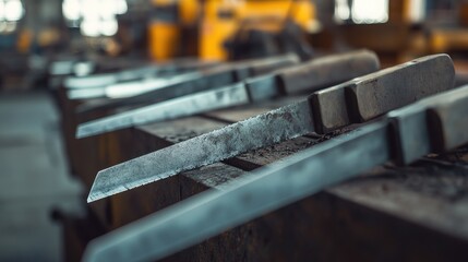 Poster - A close-up of cutting tools in a warehouse, with the metal surfaces gleaming under industrial lighting. Sharp focus on the blade edges. No people included.