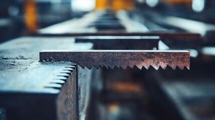 Poster - A close-up of cutting tools in a warehouse, with the metal surfaces gleaming under industrial lighting. Sharp focus on the blade edges. No people included.
